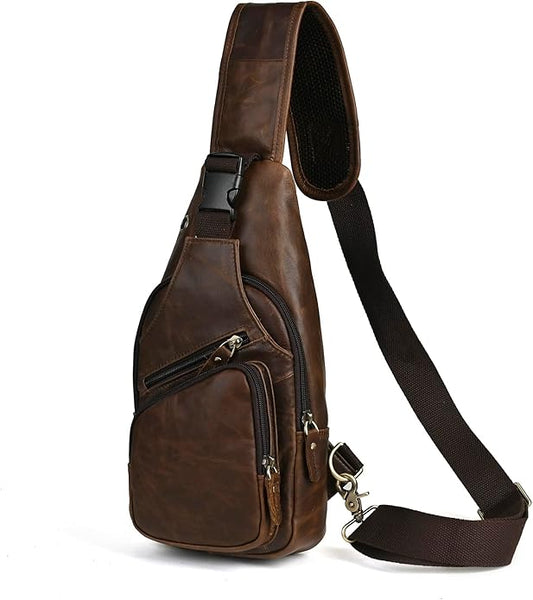 Le'aokuu Men Fashion Casual Tea Designer Travel Hiking Crossbody Chest Sling Bag Rig One Shoulder Strap Bag Men Leather 8015