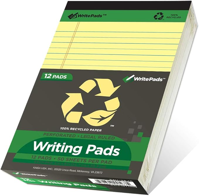 KAISA Yellow Legal Pads 12Pads Writing Pads Recycled Paper 5"x8" Norrow Ruled Lined Paper Small Legal pad Perforated 50 sheets/pad Notepads Writing Tablet Canary For Office Supplies (Canary 12pads)