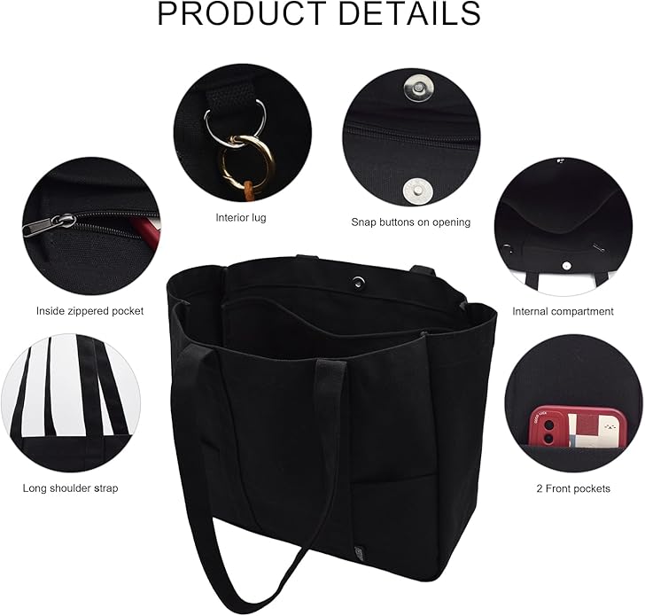 TeeYee Women's 20L Canvas Tote Bag Reusable Multi-Pocket Organizer for Travel Work Gym Shopping Large Shoulder Bag