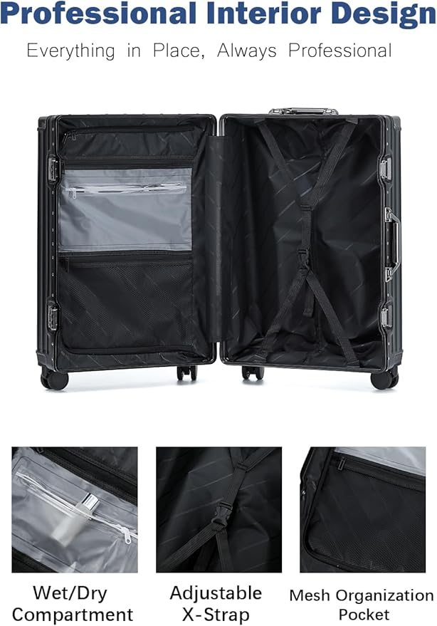 HotWay 20 Inch Aluminum Frame Carry On Luggage with Spinner Wheels, PC Hard Shell Suitcase with Cup Holder, Zipperless Luggage for Business Travel, Black