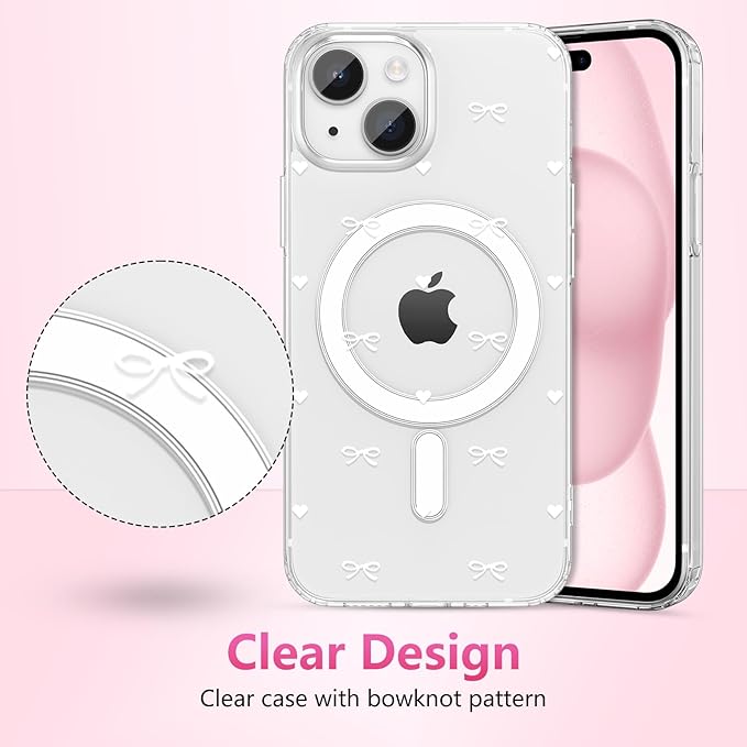 ZTOFERA for iPhone 14 Plus/15 Plus Magnetic Case Clear,Cute Love Heart Ribbon Bow Tie Aesthetic Phone Case,Transparent Trendy Slim Soft Shockproof Protective Phone Cover for Women Girls,White