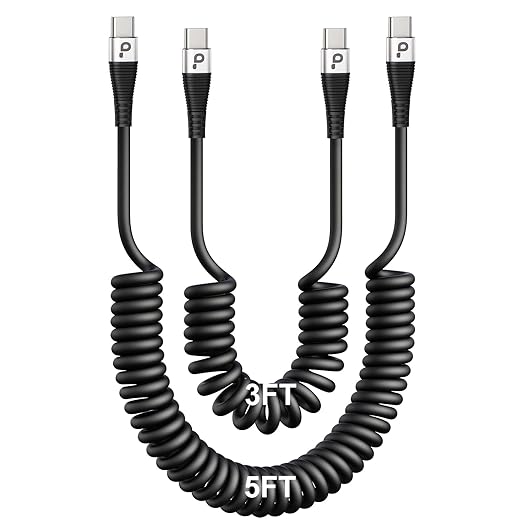 Coiled USBC to USBC Cables for Car 3FT/5FT, USB C to USB C Fast Charging Cables Short Type C Cord for iPhone 17/16/15/Pro/Plus/Pro Max/Samsung Galaxy S23, Compatible All Type C Devices-Silver 2Pack