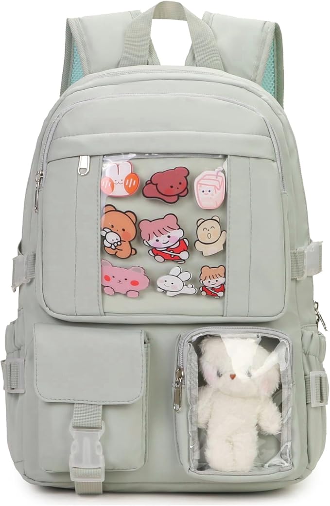 Kawaii Backpack for Teen Girls, Cute Aesthetic High Middle School College Bookbag with Accessories, Green