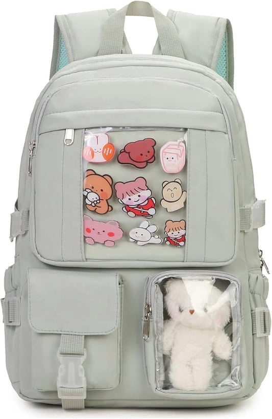 Kawaii Backpack for Teen Girls, Cute Aesthetic High Middle School College Bookbag with Accessories, Green