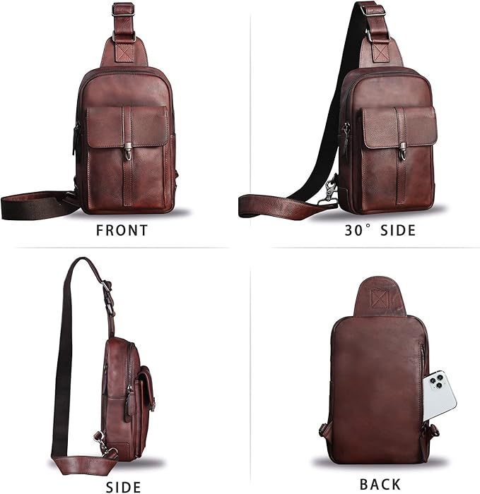 IVTG Genuine Leather Sling Bag Casual Shoulder Hiking Backpack Vintage Handmade Crossbody Bag Retro Chest Daypack (Coffee)