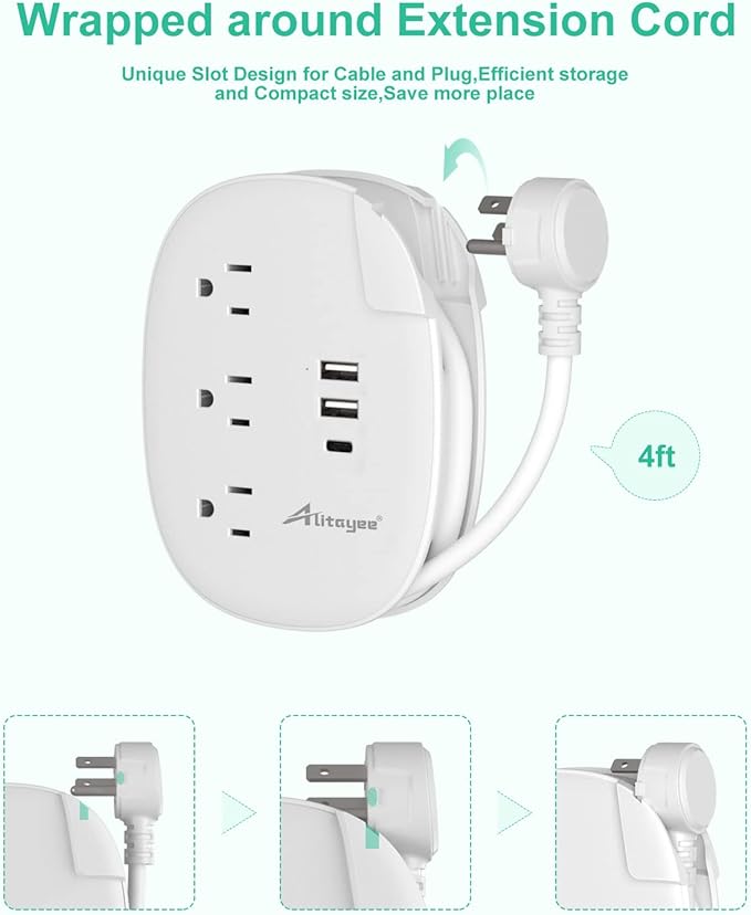 Alitayee USB C Travel Power Strip,Portable Power Strip with 3 Outlets 3 USB Ports Fast Charge, USB Extension Cord with Flat Plug and 4ft Wrapped Around Extension Cord for Cruise Travel Home Office