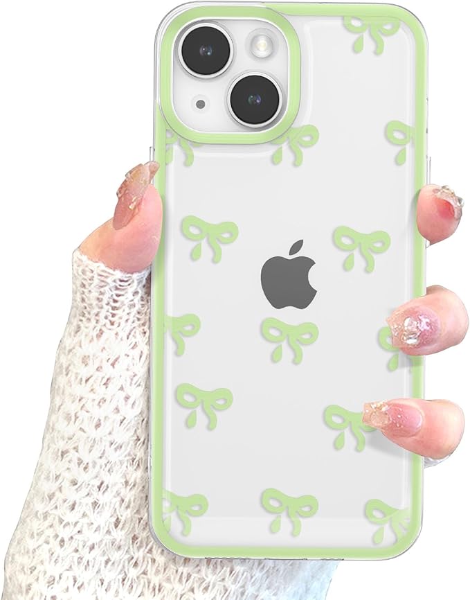 EYZUTAK Case for iPhone 13, Clear Cute Ribbon Bowknot Pattern Aesthetic Transparent Phone Case Raised Camera Protection Stylish Slim Soft Durable TPU Protective Cover for Women Girls - Green