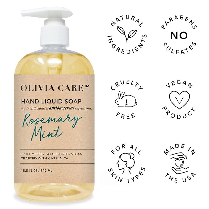 Olivia Care Hand Soap - Infused with Sage & Tea Tree Oil & Rosemary Mint Fragrance, Cleansing, Germ-Fighting, Moisturizing Hand Wash for Kitchen & Bathroom - 18.5 fl