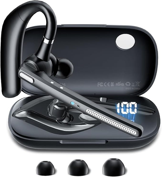 Bluetooth Headset V5.3, Wireless Earpiece with 500mAh Charging Case Hand-Free Headphones Noise Canceling Mic for Office/Driving/Business