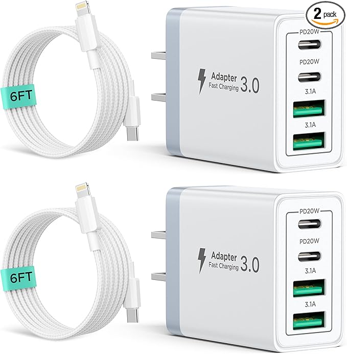 2 Pack USB C Wall Charger, 40W 4-Port USB C Fast Charger Block Dual Port QC+PD 3.0 Power Adapter, Multiport Type C Brick Charger with Lightning Cable for iPhone 14 13 12 11 Pro Max XS XR X 8 7 6 Plus