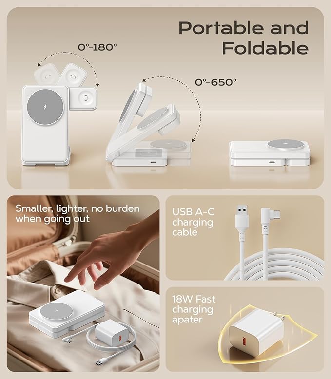 3 in 1 Magnetic Charging Station, 15W Fast Wireless Charger Compatible with MagSafe Charger Stand for iPhone 17 16 15 14 13 12, Apple Watch Charger & AirPods, Foldable Travel Charging Dock, White