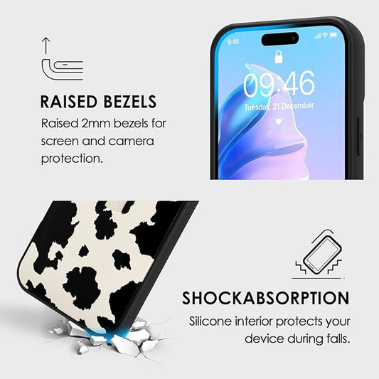 Compatible with iPhone 17 Pro Case with Finger Hand Strap Kickstand, Cute Funny Milk Cow Print Phone Case for Women Men, Full Camera Protection Shockproof Protective Cover, Milk Cow