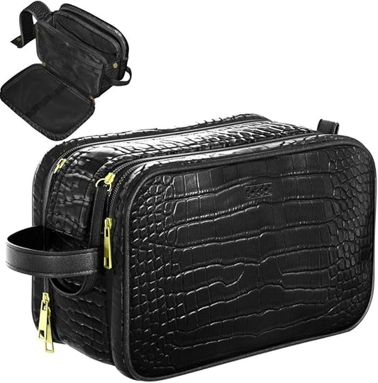 Dot&Dot Leather Toiletry Bag for Men Women - Spacious Womens Mens Toiletry Travel Bag, Large Travel Toiletries Bags (Black Croc, Large)