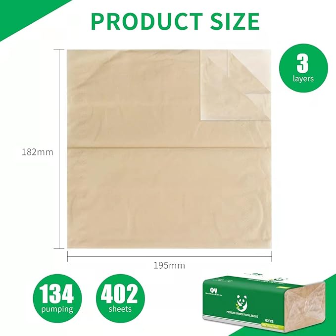 Soft Durable Bamboo Facial Tissues - 3 Ply Natural Unbleached Facial Paper Dry or Wet Use 12 Packs（134 Tissue per Pack, 1608 Tissues Total）