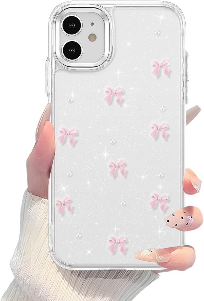 EYZUTAK Case for iPhone 12/iPhone 12 Pro, Bling Glitter 3D Bowknot Phone Case Cute Sparkly Crystal Clear Bow Aesthetic Case Slim Soft Durable TPU Transparent Protective Cover for Women Girls-Pink Bow