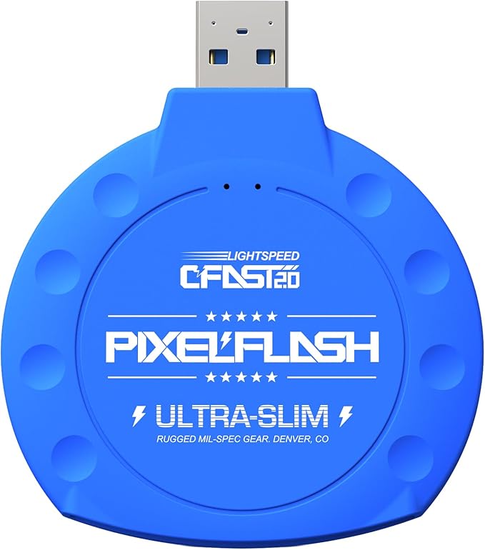 PixelFlash CFast 2.0 Card Reader (Blue) - Memory Card Adapter with USB 3.0, 500Mb/s File Transfer, Ultra-Slim & Anti-Slip Rubber Shell, Compatible with Most Brands & OS