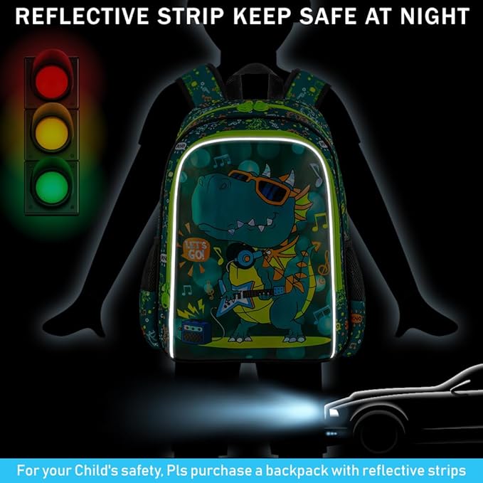 Boys Backpack, 16" Dinosaur Kids Bookbag with Lunch Box, 3Pcs Dino School Backpacks for Elementary Preschool Kindergarten (Green)