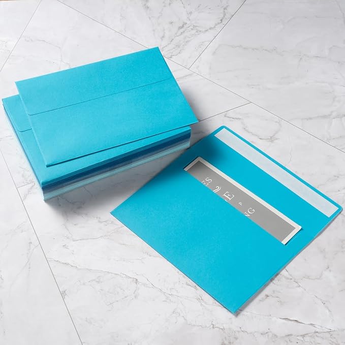Wishop 50 Pack Blue Self-Adhesive Envelopes with Fold Cards 5 Colors for Wedding Invitations and Greeting Cards (Blue 5 Colors, 5x7)