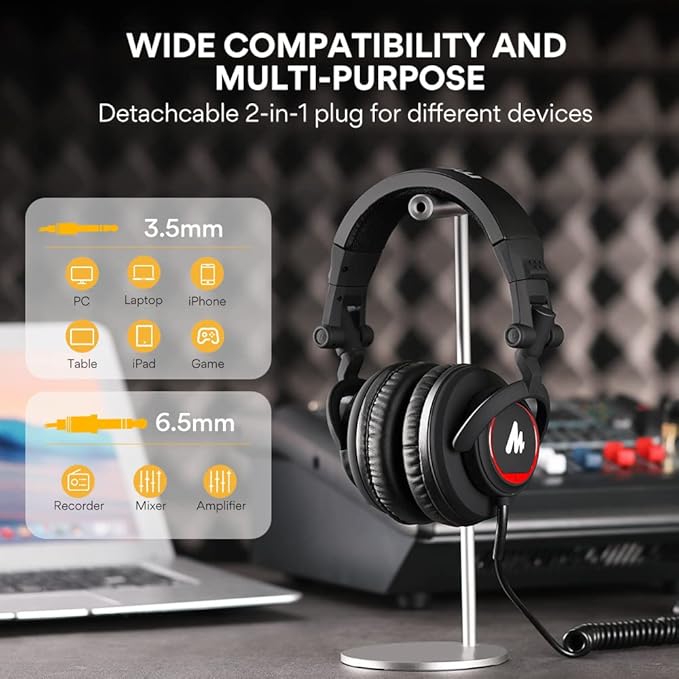 MAONO 50MM Drivers Pro Studio Monitor Headphones, MH501 Over Ear Closed Back Non-Detachable Wired Headset with 3.5mm/6.35mm Jack for Guitar Amp Recording DJ Mixing Piano Music Production Podcast