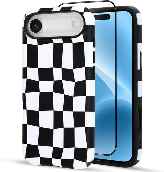 SOKAD Magnetic Checkered Phone Case for iPhone Air, Cute Grids Plaid Checkerboard Pattern Compatible with Magsafe Matte Protective Case Cover with Screen Protector for Girls Women, Black & White