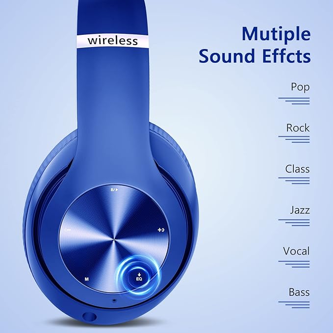 9S Wireless Over-Ear Bluetooth Headphones, 60 Hours Playtime, Hi-Fi Stereo, 6 EQ Modes, Built-in Microphone, Foldable Design, Blue