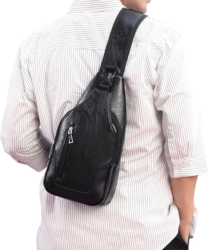Peicees Leather Sling Bag Mens Crossbody Bag Chest Bag Sling Backpack for Men with USB Charge Port