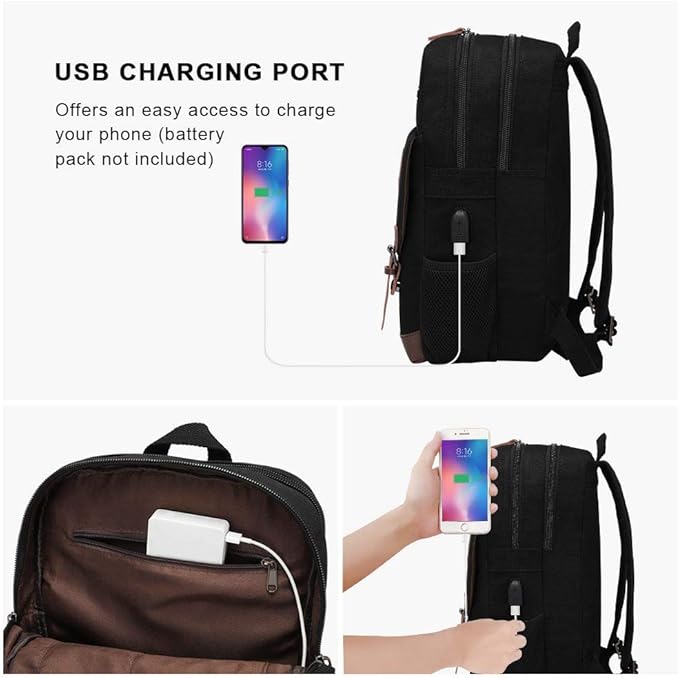 Canvas Backpack for Men Women, Vintage Rucksack Fits Most 15.6 Inch Laptop, Bookbag with USB Charging Port, Black