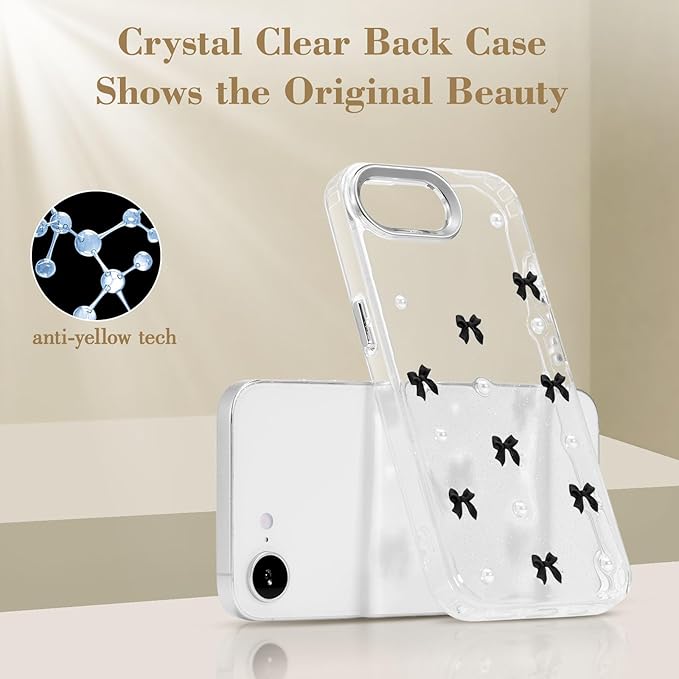 EYZUTAK Case for iPhone 16e, Bling Glitter 3D Bowknot Phone Case Cute Sparkly Crystal Clear Bow Aesthetic Design Cover Slim Soft Durable TPU Transparent Protective Cover for Women Girl - Black Bow