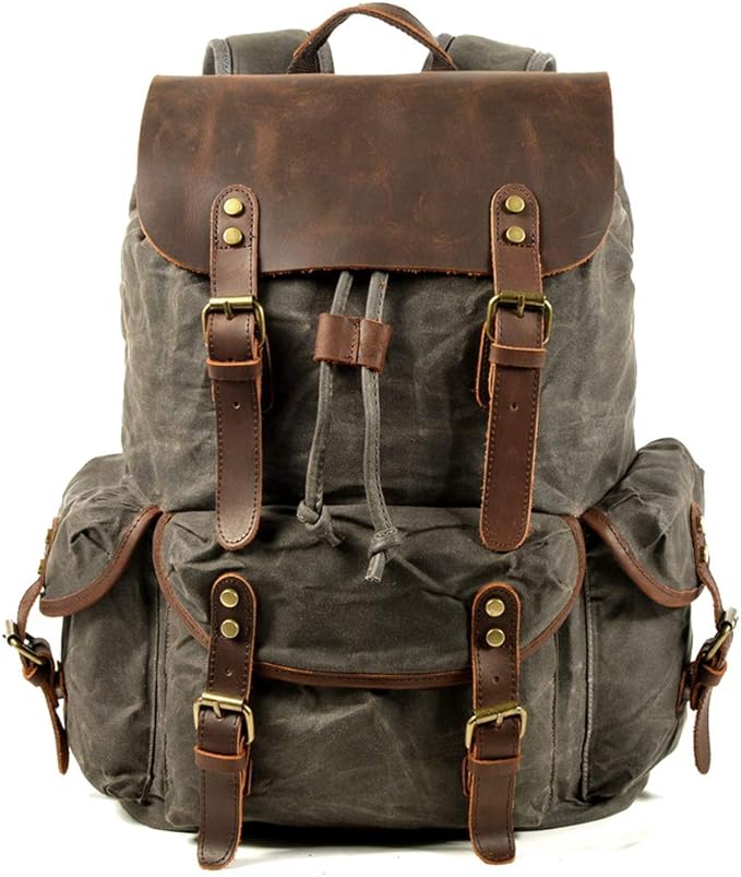 WUDON Leather Backpack for Men, Waxed Canvas Shoulder Rucksack Carry-On Travel Backpack