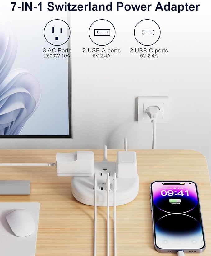 Switzerland Power Adapter, Switzerland Travel Plug Adapter with 3 American Outlets 4 USB Ports (2 USB-C) Total 24W, Type J Adapter for USA to Switzerland, Liechtenstein, Rwanda