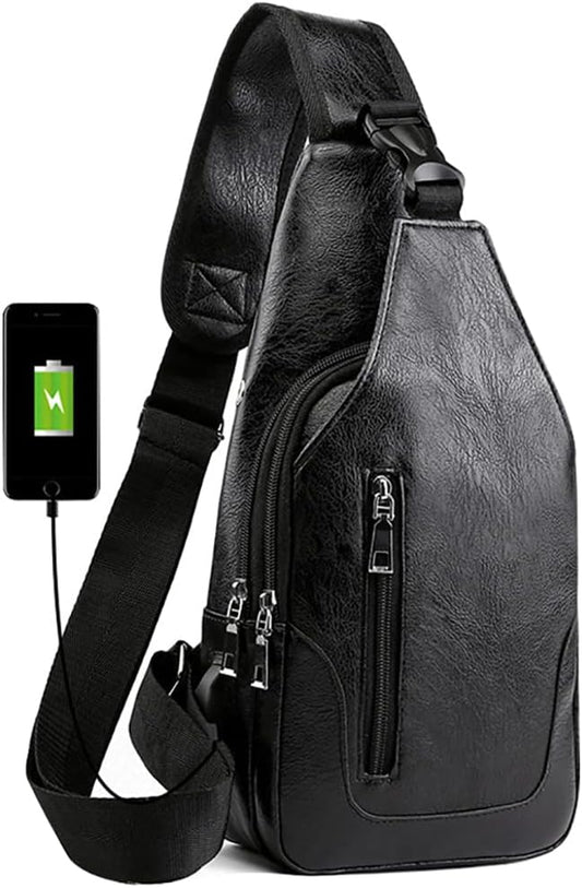 Peicees Leather Sling Bag Mens Crossbody Bag Chest Bag Sling Backpack for Men with USB Charge Port