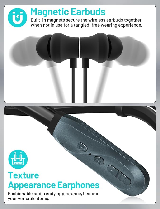 Neckband Bluetooth Headphones, 200H Long Playtime Wireless Stereo Neckband Earbuds with Microphone, Waterproof Around The Neck Headphones in Ear Headset for Sports/Workout/Office (Dark Blue)