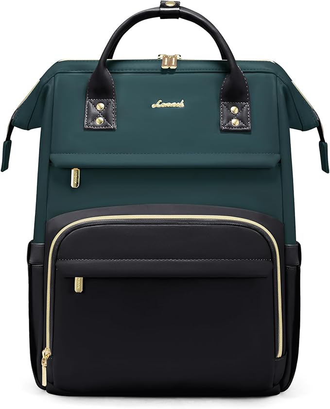 LOVEVOOK Leather Backpacks for Women,15.6 inch Leather Laptop Backpack Women,Professional Work Backpack Nurse College Teacher Bag,Womens Laptop Computer Travel Backpacks Purse,Dark Blue-green-Black