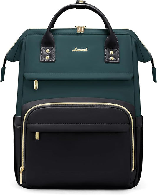 LOVEVOOK Leather Backpacks for Women,15.6 inch Leather Laptop Backpack Women,Professional Work Backpack Nurse College Teacher Bag,Womens Laptop Computer Travel Backpacks Purse,Dark Blue-green-Black