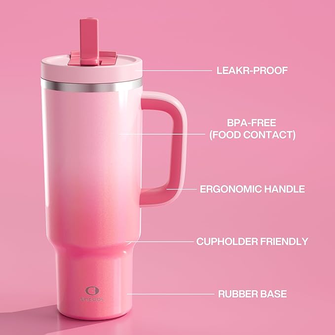 40 oz Tumbler with Handle and Straw: Stainless Steel Insulated Tumbler Keeps Cold for 24 Hours, Leakproof Travel Cup Fits in Cup Holder and BPA-Free, Flamingo