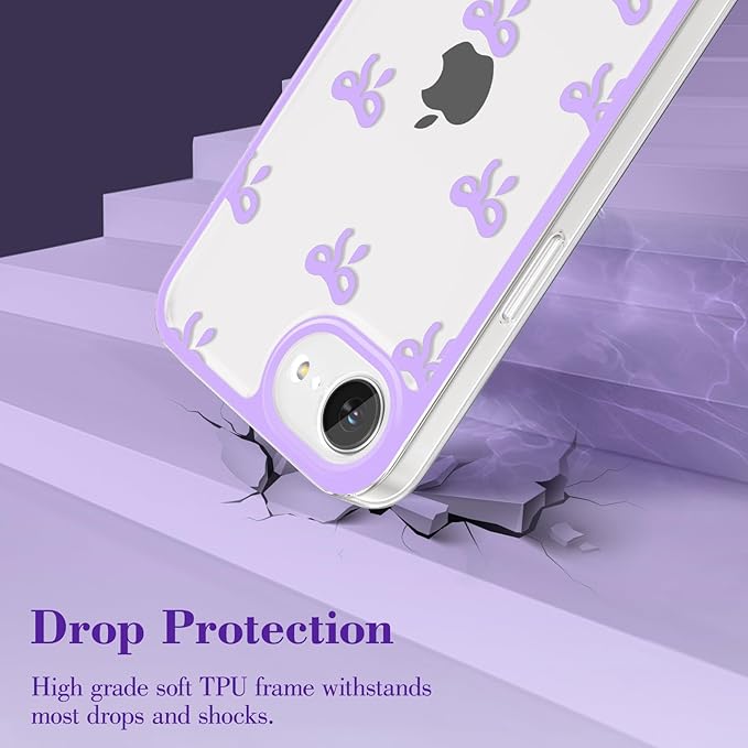 EYZUTAK Case for iPhone 16e, Clear Cute Ribbon Bowknot Pattern Aesthetic Transparent Phone Case Raised Camera Protection Stylish Slim Soft Durable TPU Protective Cover for Women Girls - Purple