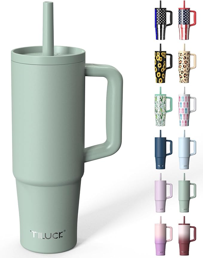 TILUCK 30 oz Tumbler with Handle, Vacuum Insulated Stainless Steel Travel Mug with 100% Leak-Proof Silicone Straw Lid, Cupholder Friendly Water Bottle(MintGreen, 30oz)