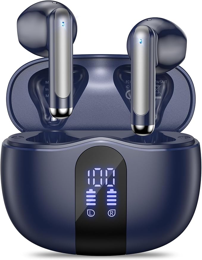 Wireless Earbuds, 2025 Bluetooth 5.4 Bass Stereo Headphones with 4 ENC Mic, 50H Playback Ear Buds with Charging Case LED Display,Sport Earphones IPX7 Waterproof for Phone, Android, Pad, Blue