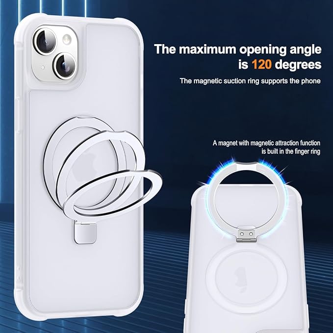 Compatible with iPhone 15 Plus Case with Invisible Magnetic O-Ring Stand Military-Grade Phone Case for iPhone 15 Plus 6.7" [Compatible with Mag-Safe][Great Grip Feeling],Translucent
