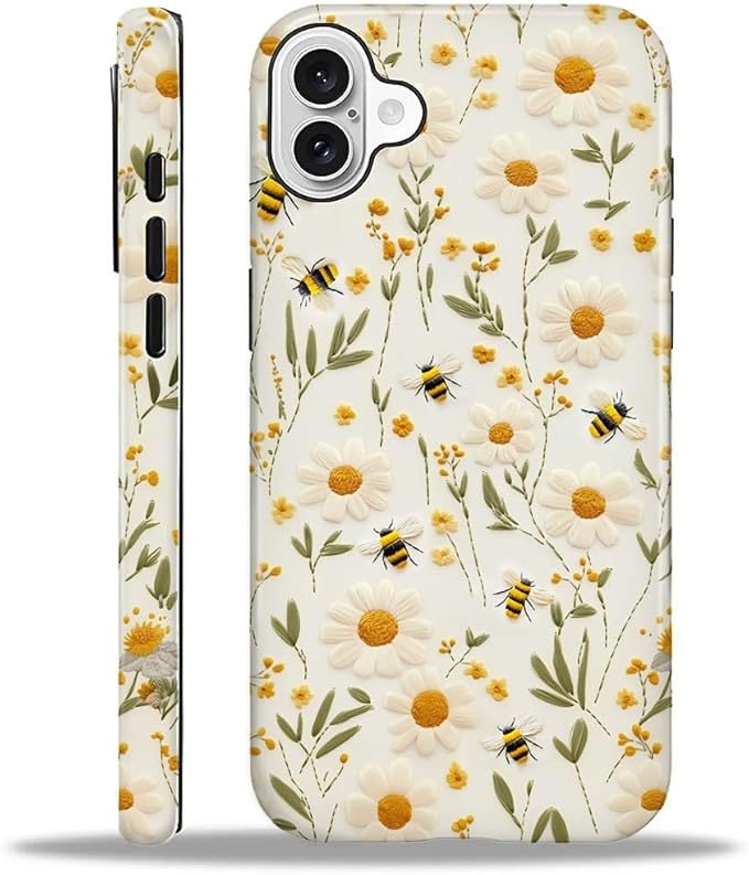 Case for iPhone 16 Case,Bees Sunflowers Design - Hybrid Dual Protection Silicone + Hard PC Shockproof Full Body Cover Slim Anti-Scratch Protective Case for Men Women