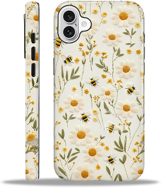 Case for iPhone 16 Case,Bees Sunflowers Design - Hybrid Dual Protection Silicone + Hard PC Shockproof Full Body Cover Slim Anti-Scratch Protective Case for Men Women