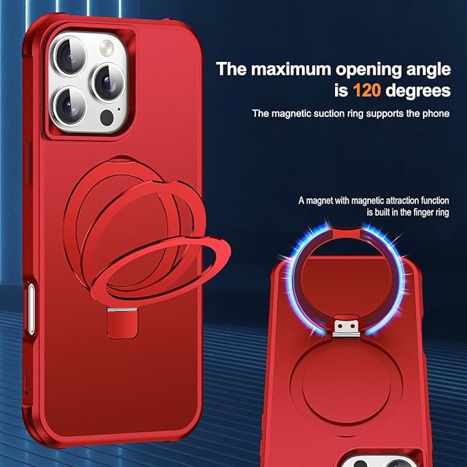 Compatible with iPhone 16 Pro Case with Invisible Magnetic O-Ring Stand Military-Grade Case for iPhone 16 Pro 6.3" [Compatible with Mag-Safe][Great Grip Feeling], Red