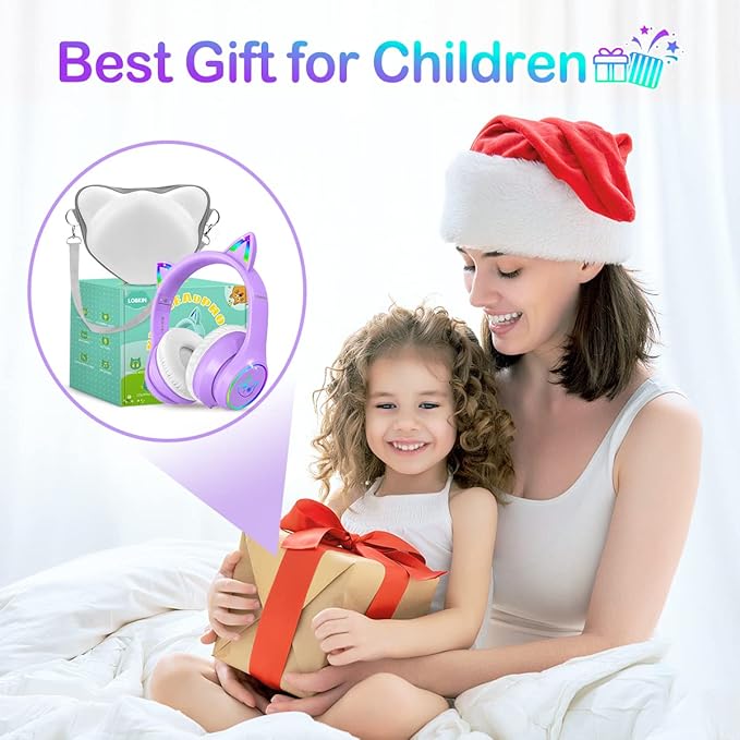 LOBKIN Bluetooth 5.4 Kids Headphones with Case - RGB LED Light Up Cat Ears Foldable Adjustable Over Ear Headphone Support Wireless or 3.5mm Wired Mode for Toddler & Girls & Boys Teens