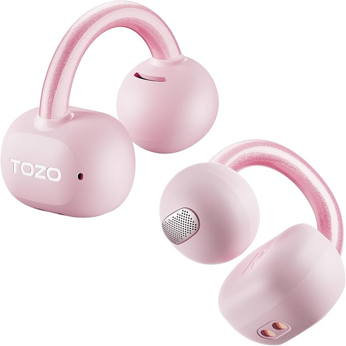 TOZO OpenEarRing True Open Ear Headphones, Lightweight Comfort Open Ear Clip Wireless Earbuds, 40H Play Bluetooth 5.4 Headphones with Smart Digital Display Design Fit Sports Running, Workout Rose Gold
