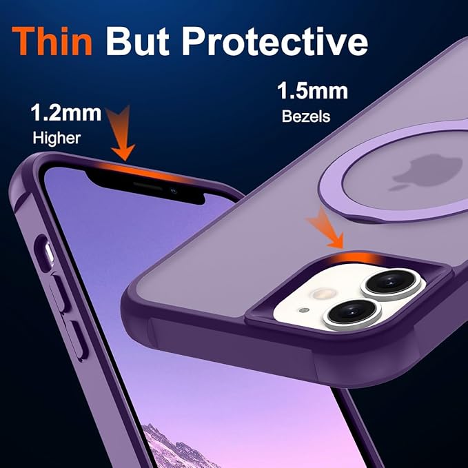 Magnetic Compatible with iPhone 12/12 Pro Case with Stand [Military Grade Drop Tested][Compatible with Magnet] Ring Translucent Slim Hard Back Soft Edge, Purple