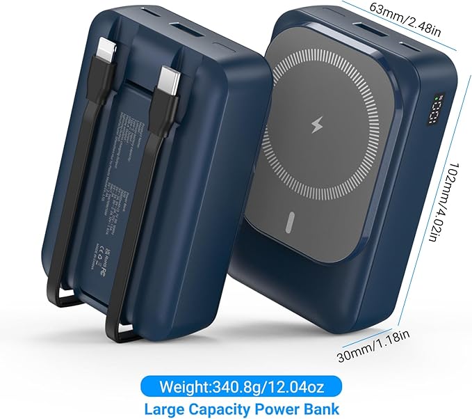 Magnetic Wireless Power Bank 26800mAh, PD 22.5W Type-C Fast Charging Portable Charger 5 Outputs, Battery Pack for Magsafe Built in Cables with Stand LED Display for iPhone 16/15/14/13/12 Series-Blue