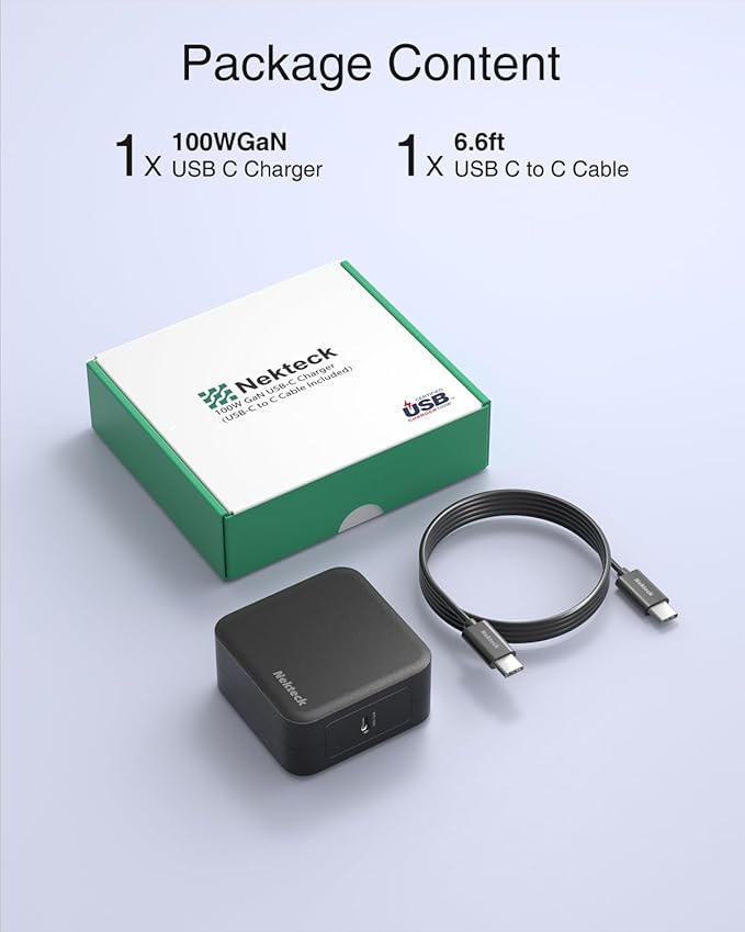 Nekteck 100W USB C Charger, Compact and Foldable Fast Charging GaN IV Charger with 6.6 Ft Cable, Compatible with MacBook Air/Pro, iPad Pro and All USBC Devices (Black)