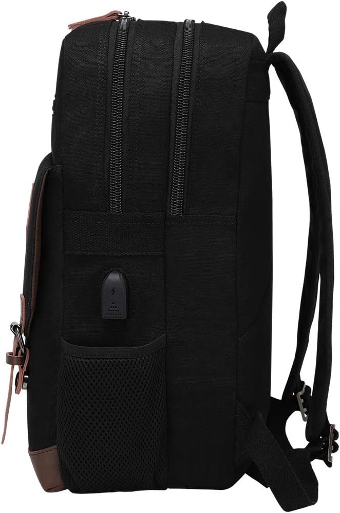 Canvas Backpack for Men Women, Vintage Rucksack Fits Most 15.6 Inch Laptop, Bookbag with USB Charging Port, Black