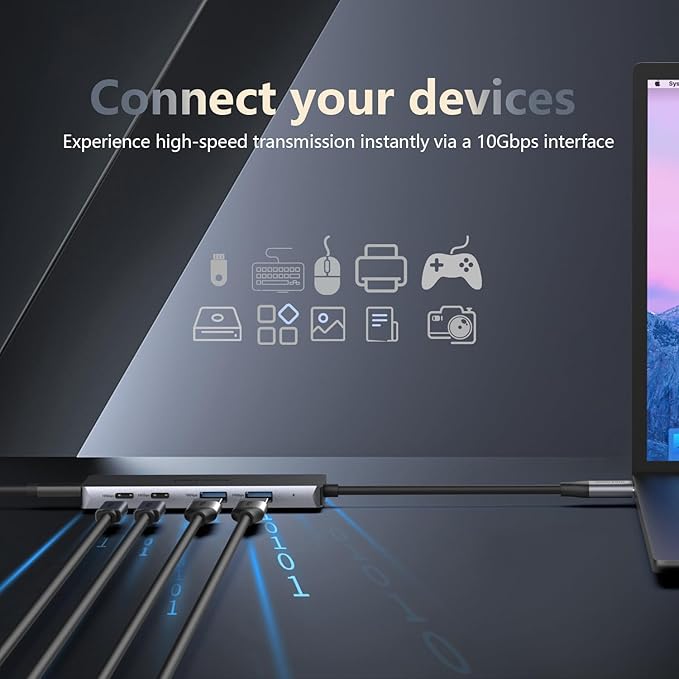 USB C Hub 10Gbps Adapter with 2 USB-C 3.2 & 2 USB-A Ports, Power Delivery, High-Speed Multiport Splitter for MacBook Pro, iPhone 16/15 Pro, Galaxy S23