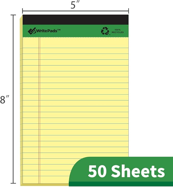 KAISA Yellow Legal Pads 12Pads Writing Pads Recycled Paper 5"x8" Norrow Ruled Lined Paper Small Legal pad Perforated 50 sheets/pad Notepads Writing Tablet Canary For Office Supplies (Canary 12pads)